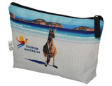 A toiletry/makeup bag featuring a kangaroo design against a beach background, with a logo. Predominantly blue and white.