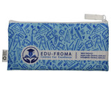 A blue pencil case featuring various school-related graphics and a logo, zippered for closure.