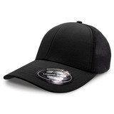 A black cap with a mesh back and a rounded peak, featuring a circular logo on the brim.