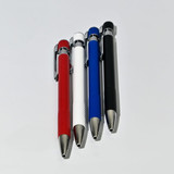 Four ball pens in red, white, blue, and black, featuring a textured grip and clip, with a logo on each.