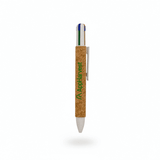 A cork pen featuring four ink colours—blue, green, red, and black—with a metal clip and a logo.