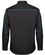 A black long-sleeve button-up shirt with blue piping and a logo on the back.