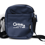 A navy blue messenger bag with a shoulder strap and a front pocket, featuring a logo.