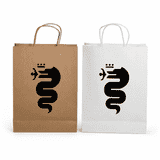 Two paper show bags, one in brown and one in white, both featuring a black snake logo.