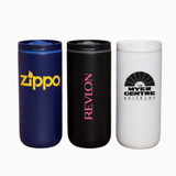 A drink bottle set featuring three tumblers in navy, black, and white, each with a logo on them.