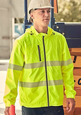 A bright yellow packable rain jacket with reflective stripes, featuring a zip front and a hood, worn by a model.