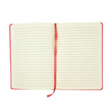 An open Genesis A5 notebook with lined pages and a red cover, featuring a red ribbon marker.