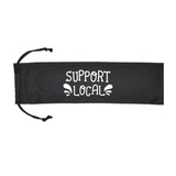 A black storage pouch with drawstring, featuring the text "SUPPORT LOCAL" in white lettering.