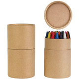 A cylindrical container with a lid holds a variety of colorful crayons in red, blue, yellow, and more.