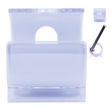 A transparent phone holder in a clear design with a side attachment and an adjustable clip.