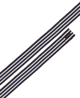 A striped apron strap in black, blue, and white, featuring two long pieces with a cut end.