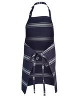 A navy apron with grey stripes, featuring a neck strap and waist ties, and includes branding.