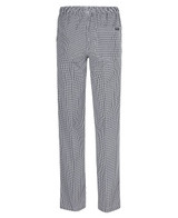 Elasticated chefs pants in a black and white check pattern, featuring a back pocket and an elastic waistband.