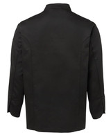 A black long-sleeve chef's jacket featuring a classic design, with a branding logo on the sleeve.