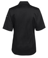 A black short-sleeved chef's jacket featuring a logo, designed for women's wear.