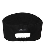 A black chef's vented cap featuring a stretchy back and a logo on the side.