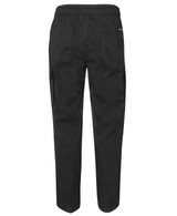 Black elasticated cargo pants with side pockets and a relaxed fit, featuring a logo on the back.
