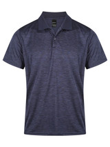 A navy blue men's polo shirt with a subtle textured pattern and a collar. It features a logo on the chest.