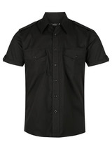 A black short sleeve button-up shirt featuring two front pockets and shoulder details.