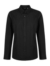 A ladies' long sleeve button-up shirt in black with a classic collar and button closure, featuring a logo.