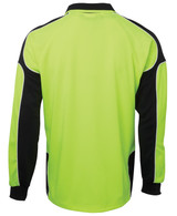 High-visibility long-sleeve polo shirt in lime green and black, featuring a logo. Designed for workwear use.