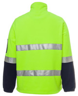 A high-visibility polar fleece in bright green with reflective stripes and navy blue sleeves. It features a collar and has a logo.