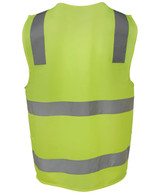 A high-visibility yellow safety vest with grey reflective strips and a logo on the back.