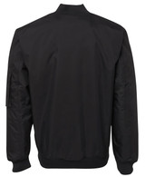 A black bomber jacket featuring a ribbed collar and sleeve details, with a logo on the sleeve.