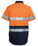 An orange and navy work shirt featuring silver reflective stripes, designed for safety in work environments.