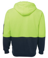 A fleece hoodie featuring a high-visibility yellow upper section and a navy blue lower section, with a logo present.