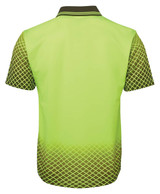 A lime green work polo shirt with a black geometric pattern at the bottom and a collar, featuring a logo.