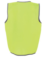 A high-visibility safety vest in fluorescent yellow with grey trim, featuring a logo on the back.