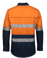 A long-sleeved work shirt in orange and navy with reflective stripes and a back yoke design.