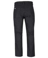 Black stretch canvas trousers with a fitted design and rear pockets. Features a logo on the waistband.