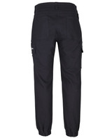 A pair of black jogger cargo pants with multiple pockets and elasticised cuffs, featuring a branded logo.