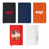 A collection of five notebooks in black, navy, orange, red, and white, each featuring different logos and designs.