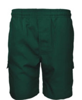 Green cargo shorts with an elastic waistband and multiple side pockets. Features a logo or branding.