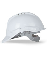A white safety helmet featuring ventilation holes and an adjustable strap, part of a pack of ten.