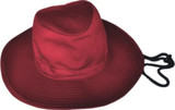 A wide-brimmed red hat with a drawstring, designed for kids' outdoor wear. Features a simple logo on the side.