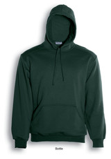 A green kids' pull-over hoodie featuring a front pocket and a drawstring hood. It has a logo on the front.