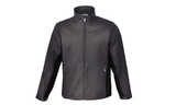 A black men's soft shell jacket with a zip front and high collar, featuring side pockets and a logo.