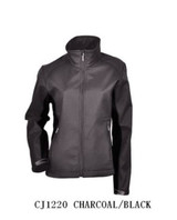 A charcoal and black ladies soft shell jacket with a high collar and zip closure, featuring a logo.