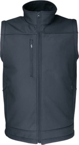 A dark grey men's ripstop softshell vest with a zip front and two side pockets, featuring a logo.
