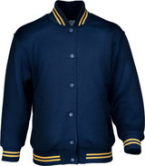A navy bomber jacket with yellow stripes on the collar and cuffs, featuring a button closure and side pockets.