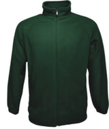 A green unisex polar fleece zip-through jacket with long sleeves and a high collar. It features a front zip closure.
