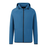 A blue zipped hoodie with a hood and a front zipper, featuring a logo on the chest area.
