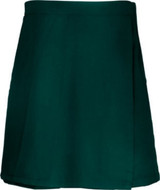 A green girls school skort with a pleated design, featuring a branded logo.