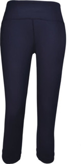 Ladies high-waisted 3/4 length gym tights in navy blue with a smooth finish and a logo on the waistband.