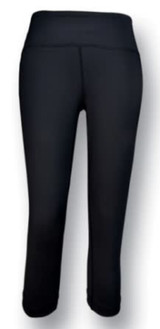 A pair of black high waisted 3/4 length gym tights with a sleek design and a comfortable waistband.