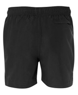Black sports shorts feature an elastic waistband and a single back pocket. The design includes a logo.